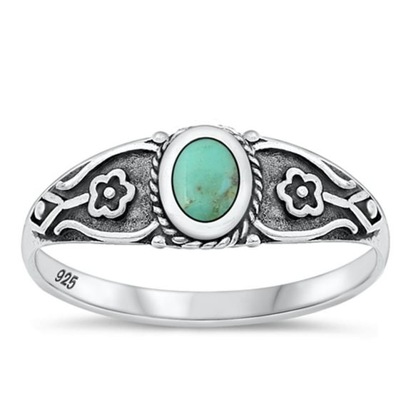 CHOOSE YOUR COLOR Simulated Turquoise Bali Flower Ring .925 Sterling Silver Band Blue CZ Female Size 6