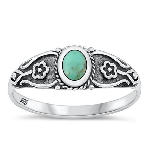 CHOOSE YOUR COLOR Simulated Turquoise Bali Flower Ring .925 Sterling Silver Band Blue CZ Female Size 9