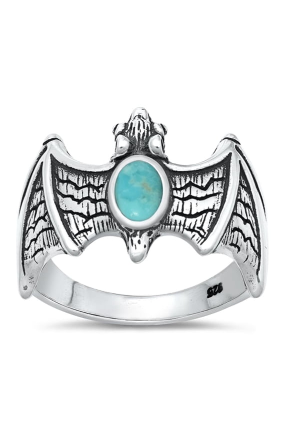 CHOOSE YOUR COLOR Simulated Turquoise Bat Ring .925 Biker Sterling Silver Band Blue CZ Female Size 8