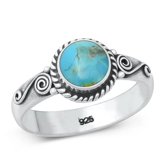 CHOOSE YOUR COLOR Simulated Turquoise Bezel Oxidized Round Rope Halo Ring Sterling Silver Band Blue CZ Female Size 9