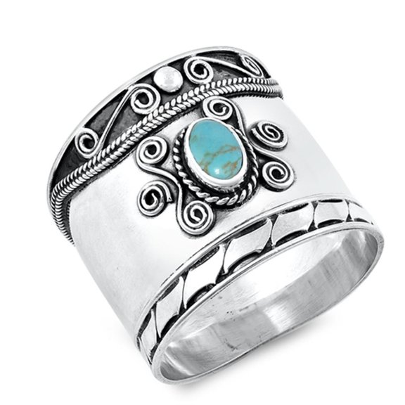 CHOOSE YOUR COLOR Simulated Turquoise Boho Bali Bead Dot Handmade Ring .925 Sterling Silver Band Blue CZ Female Size 10