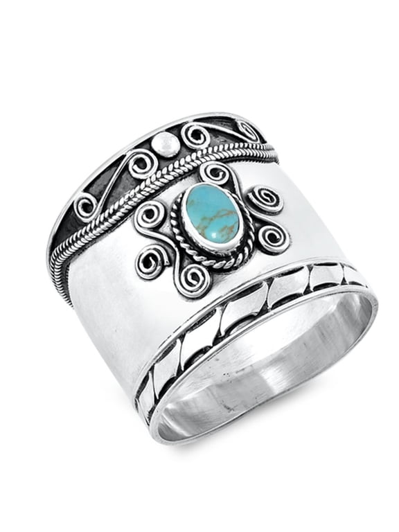 CHOOSE YOUR COLOR Simulated Turquoise Boho Bali Bead Dot Handmade Ring .925 Sterling Silver Band Blue CZ Female Size 10