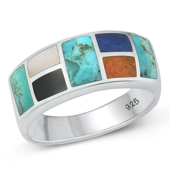 CHOOSE YOUR COLOR Simulated Turquoise Brick Pattern Ring .925 Sterling Silver Band Blue CZ Female Size 10