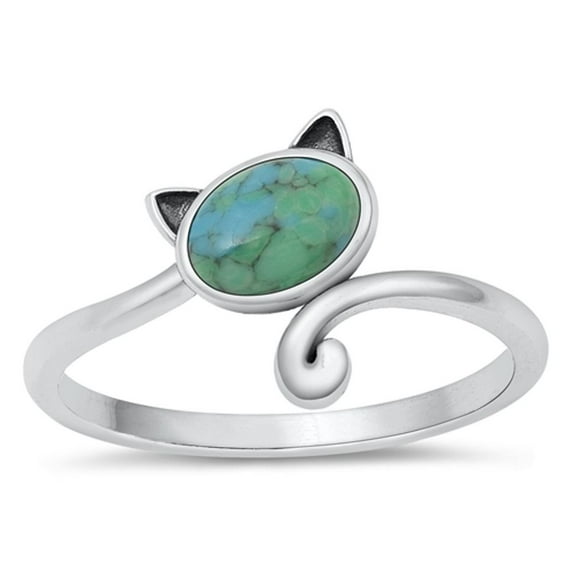 CHOOSE YOUR COLOR Simulated Turquoise Cat Ring .925 Sterling Silver Spoon Band Blue CZ Female Size 8