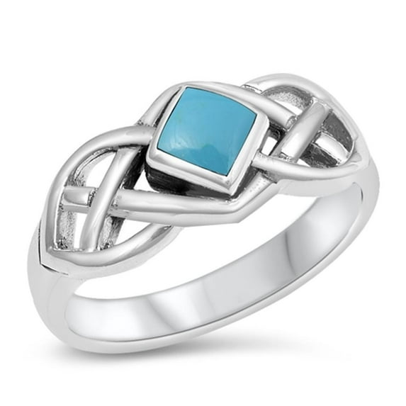 CHOOSE YOUR COLOR Simulated Turquoise Celtic Criss Cross Ring .925 Sterling Silver Band Blue CZ Female Size 4
