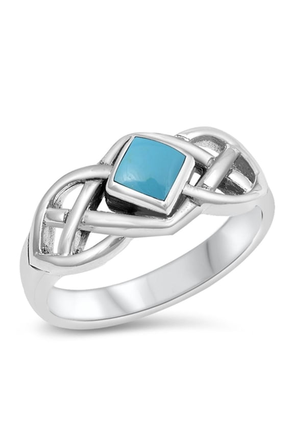 CHOOSE YOUR COLOR Simulated Turquoise Celtic Criss Cross Ring .925 Sterling Silver Band Blue CZ Female Size 4