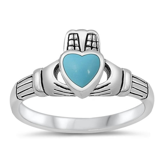 CHOOSE YOUR COLOR Simulated Turquoise Claddagh Heart Ring .925 Sterling Silver Band Blue CZ Female Size 7