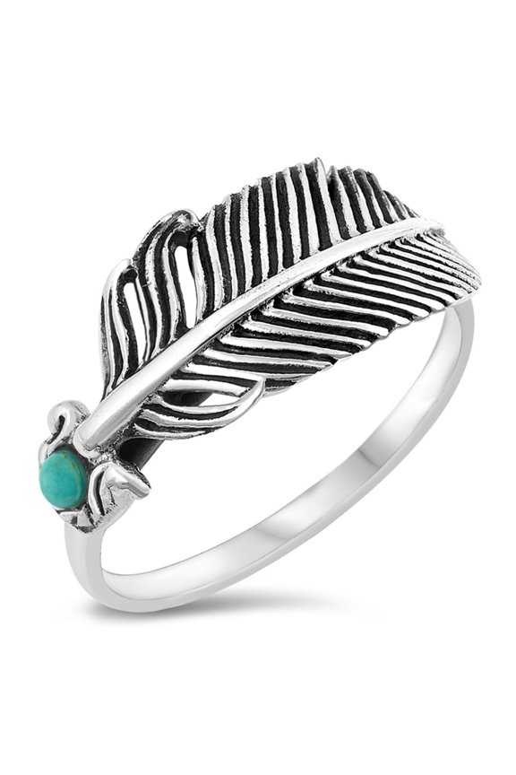 CHOOSE YOUR COLOR Simulated Turquoise Feather Leaf Antiqued Boho Ring Sterling Silver Midi Band Blue CZ Female Size 9
