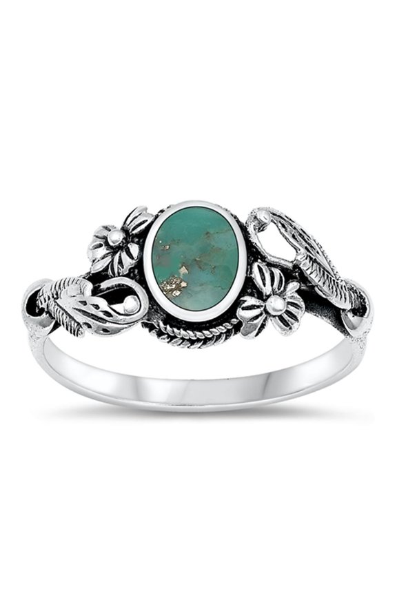CHOOSE YOUR COLOR Simulated Turquoise Flower Ring .925 Sterling Silver Leaf Band Blue CZ Female Size 5