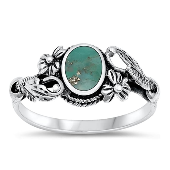 CHOOSE YOUR COLOR Simulated Turquoise Flower Ring .925 Sterling Silver Leaf Band Blue CZ Female Size 5