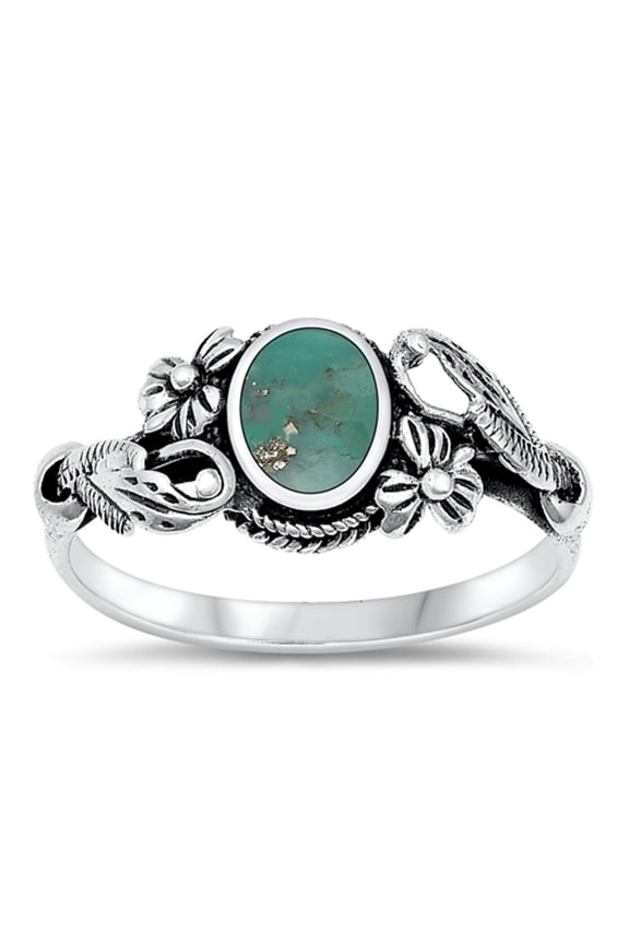 CHOOSE YOUR COLOR Simulated Turquoise Flower Ring .925 Sterling Silver Leaf Band Blue CZ Female Size 8
