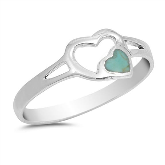 CHOOSE YOUR COLOR Simulated Turquoise Heart Cutout Love Ring .925 Sterling Silver Band Blue CZ Female Size 6