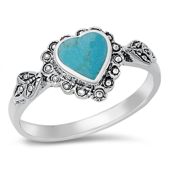 CHOOSE YOUR COLOR Simulated Turquoise Heart Leaf Bali Ring .925 Sterling Silver Band Blue CZ Female Size 9