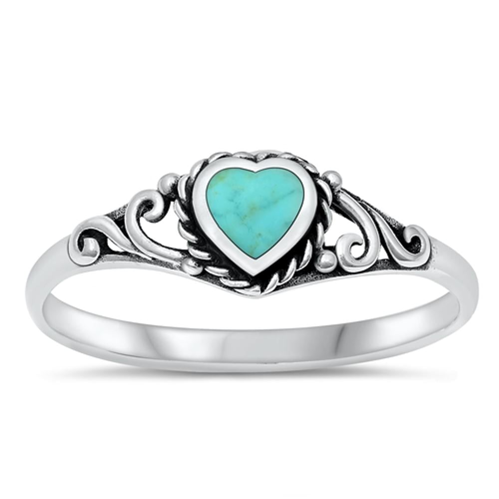Blue Simulated Opal Heart Promise Ring - .925 Sterling Silver Rope Halo Band (Sizes 4-10)