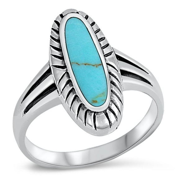 CHOOSE YOUR COLOR Simulated Turquoise Long Oval Ring .925 Sterling Silver Band Blue CZ Female Size 10