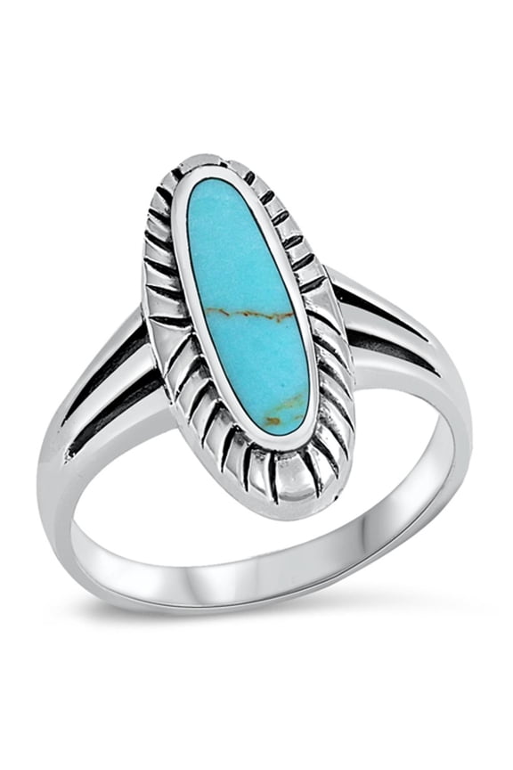 CHOOSE YOUR COLOR Simulated Turquoise Long Oval Ring .925 Sterling Silver Band Blue CZ Female Size 11