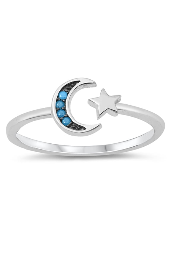 CHOOSE YOUR COLOR Simulated Turquoise Moon Star Open Ring .925 Sterling Silver Band Blue CZ Female Size 9