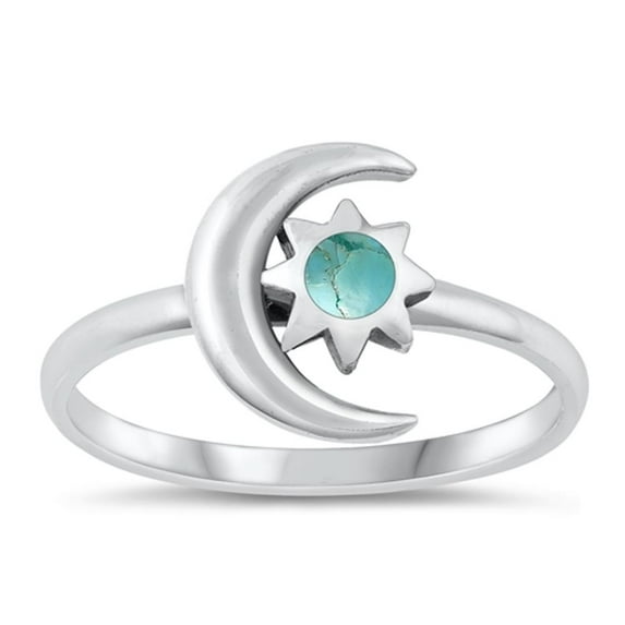 CHOOSE YOUR COLOR Simulated Turquoise Moon & Star Ring .925 Sterling Silver Band Blue CZ Female Size 6
