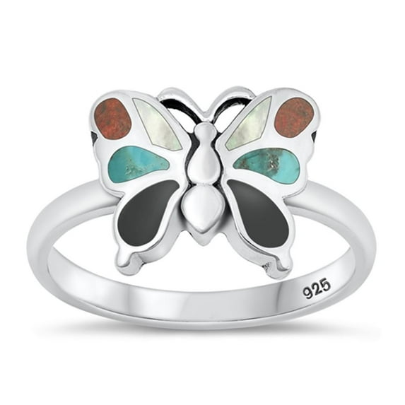 CHOOSE YOUR COLOR Simulated Turquoise Mosiac Butterfly Ring 925 Sterling Silver Band Blue CZ Female Size 10