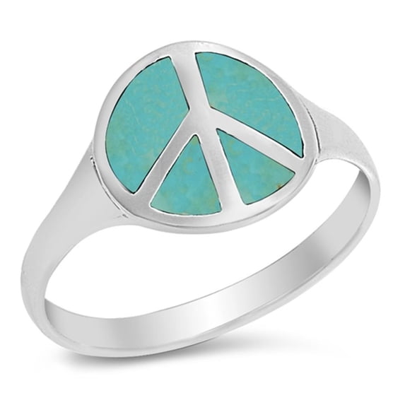 CHOOSE YOUR COLOR Simulated Turquoise Peace Sign Ring .925 Sterling Silver Band Blue CZ Female Size 9