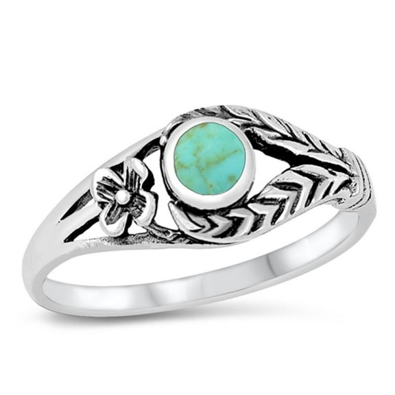 CHOOSE YOUR COLOR Simulated Turquoise Solitaire Leaf Flower Ring .925 Sterling Silver Band Blue CZ Female Size 10