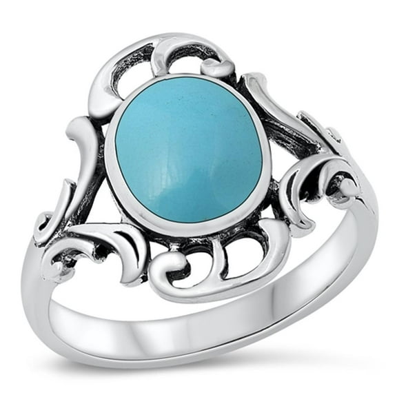 CHOOSE YOUR COLOR Simulated Turquoise Swirl Cutout Leaf Ring .925 Sterling Silver Band Blue CZ Female Size 9