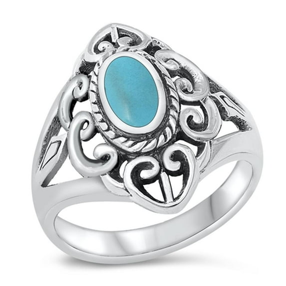 CHOOSE YOUR COLOR Simulated Turquoise Swirl Cutout Oval Ring .925 Sterling Silver Band Blue CZ Female Size 6