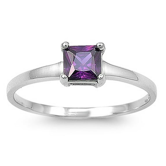 CHOOSE YOUR COLOR Small Princess Cut Square Simulated Amethyst Solitaire Sterling Silver Ring Purple CZ Female Size 4
