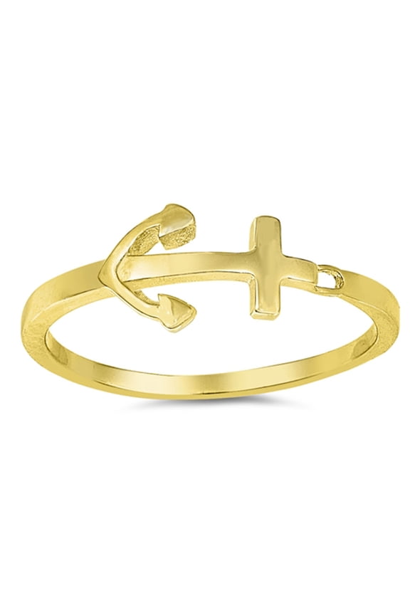 CHOOSE YOUR COLOR Small Sideways Gold-Tone Anchor Sailor Ring .925 Sterling Silver Band Female Size 6