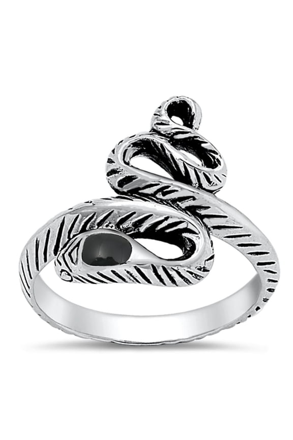 CHOOSE YOUR COLOR Snake Serpent Simulated Black Onyx Head Ring .925 Sterling Silver Band CZ Female Size 7