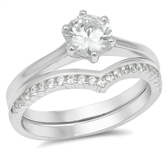 CHOOSE YOUR COLOR Solitaire Clear CZ Wedding Ring Set .925 Sterling Silver Chevron Band White Female Size 10