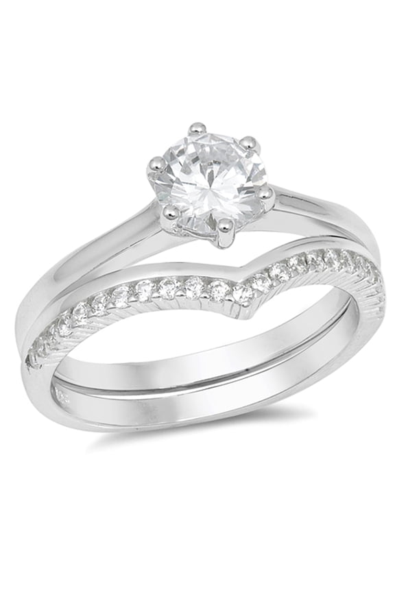 CHOOSE YOUR COLOR Solitaire Clear CZ Wedding Ring Set .925 Sterling Silver Chevron Band White Female Size 9