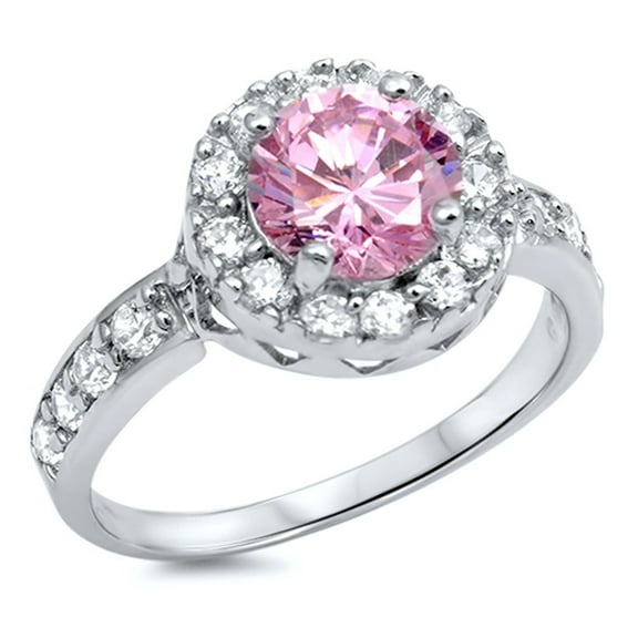 CHOOSE YOUR COLOR Solitaire Halo Pink CZ Wedding Ring .925 Sterling Silver Band Female Size 4