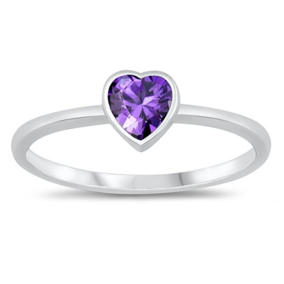 CHOOSE YOUR COLOR Solitaire Love Heart Promise Sterling Silver Ring Purple CZ 925 Female Size 5