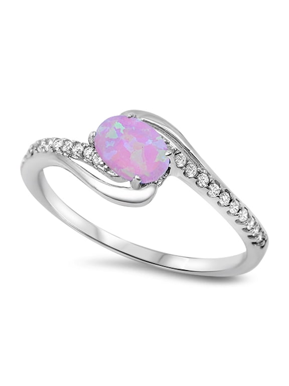 CHOOSE YOUR COLOR Solitaire Oval Pink Simulated Opal Wedding Ring .925 Sterling Silver Band White CZ Female Size 6