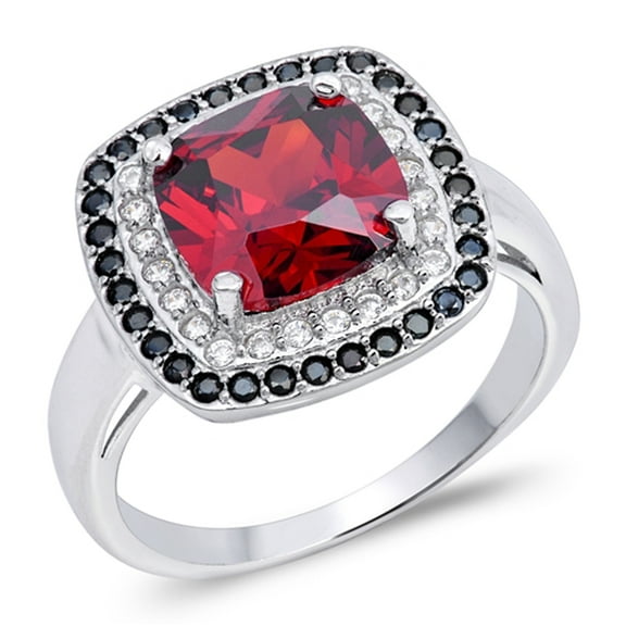CHOOSE YOUR COLOR Solitaire Simulated Garnet Black Halo Ring .925 Sterling Silver Band Red CZ Female Size 8