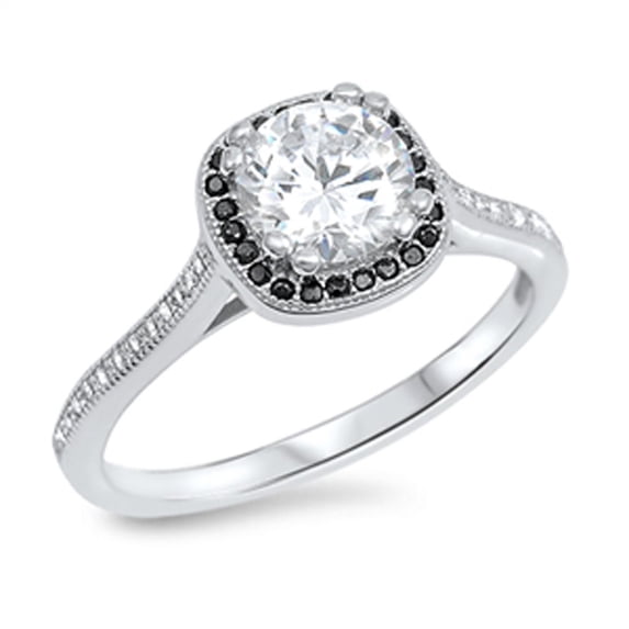 CHOOSE YOUR COLOR Solitaire White CZ Black Halo Wedding Ring .925 Sterling Silver Band Female Size 6