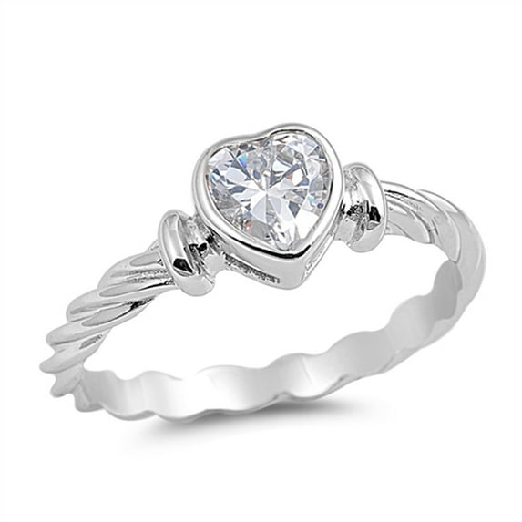 CHOOSE YOUR COLOR Solitaire White CZ Heart Promise Ring .925 Sterling Silver Rope Band Female Size 9