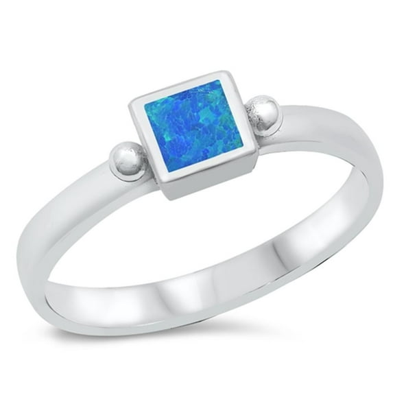 CHOOSE YOUR COLOR Square Blue Simulated Opal Love Ring .925 Sterling Silver Band CZ Female Size 7