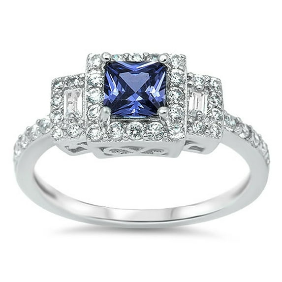 CHOOSE YOUR COLOR Square Blue Simulated Sapphire Halo Wedding Ring .925 Sterling Silver Band CZ Female Size 10