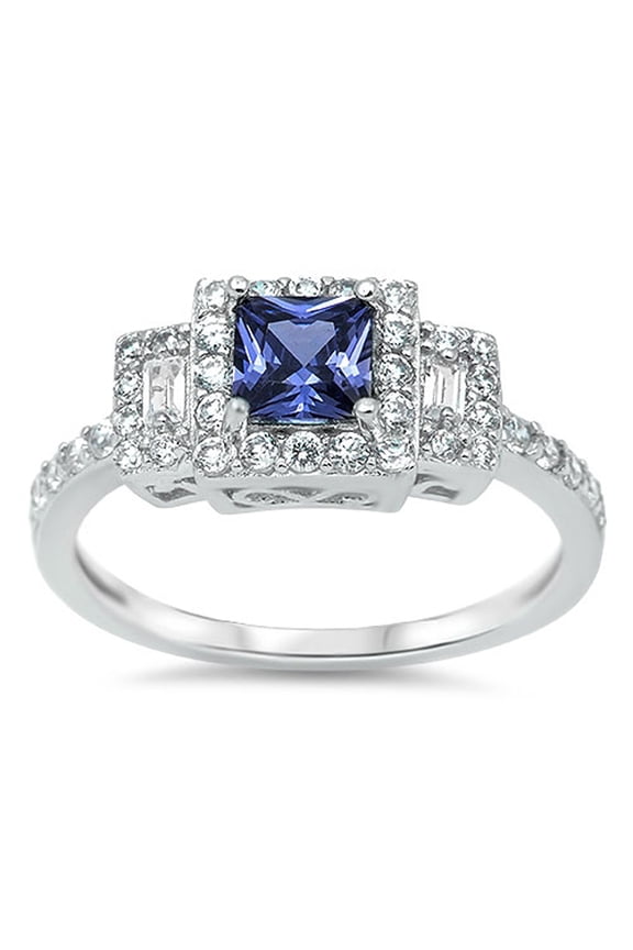 CHOOSE YOUR COLOR Square Blue Simulated Sapphire Halo Wedding Ring .925 Sterling Silver Band CZ Female Size 9