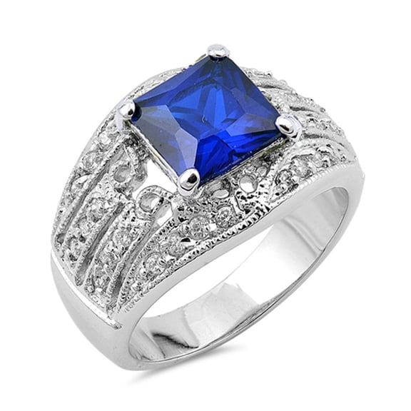 CHOOSE YOUR COLOR Square Blue Simulated Sapphire Vintage Filigree Ring .925 Sterling Silver CZ Female Size 7