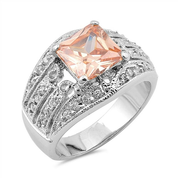 CHOOSE YOUR COLOR Square Champagne CZ Vintage Filigree Ring .925 Sterling Silver Band Orange Female Size 9