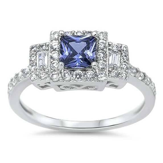 CHOOSE YOUR COLOR Square Simulated Aquamarine Halo Wedding Ring .925 Sterling Silver Band Blue CZ Female Size 6
