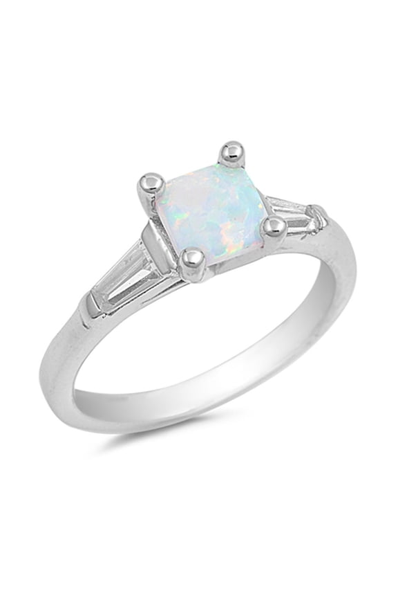 CHOOSE YOUR COLOR Square White Simulated Opal Promise Ring .925 Sterling Silver Band CZ Female Size 9