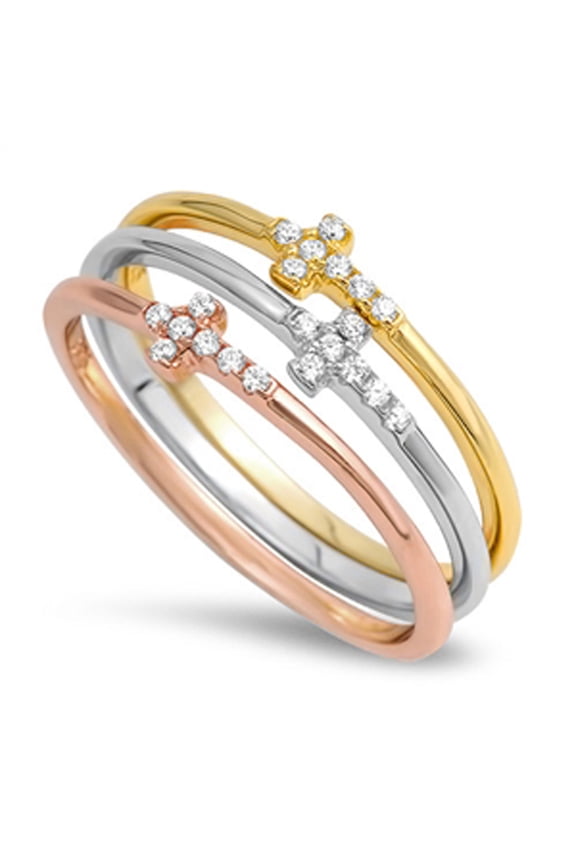 CHOOSE YOUR COLOR Stackable Sideways Cross White CZ Rose Gold-Tone Ring Sterling Silver Female Size 2