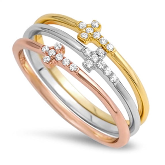 CHOOSE YOUR COLOR Stackable Sideways Cross White CZ Rose Gold-Tone Ring Sterling Silver Female Size 5