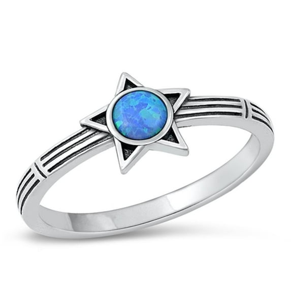 CHOOSE YOUR COLOR Star Round Blue Simulated Opal Ring .925 Sterling Silver Band CZ Female Size 8