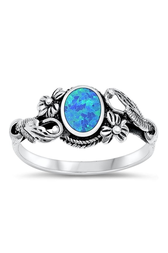CHOOSE YOUR COLOR Sterling Silver Blue Simulated Opal Ring .925 Flower Band CZ Female Size 9