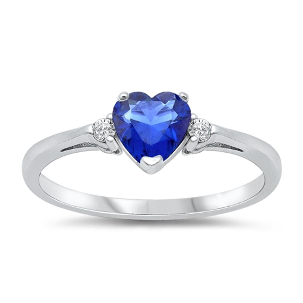 CHOOSE YOUR COLOR Sterling Silver Blue Simulated Sapphire Heart Ring Love Band Solid 925 CZ Female Size 4